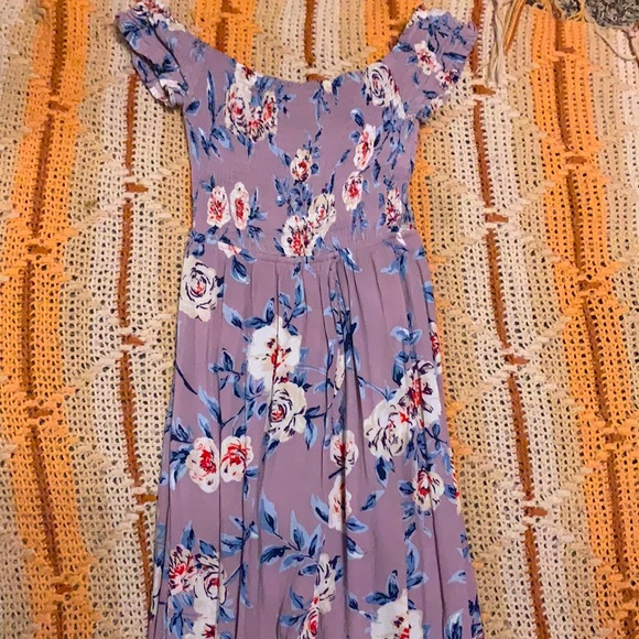 purple floral floor length off the shoulder dress with shorts - Picture 3 of 4